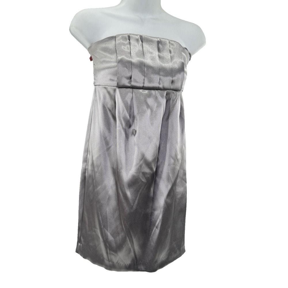 Womens Y2K Satin Mini Dress Metallic Silver Size XS Futuristic Cyber Ruched Hoco